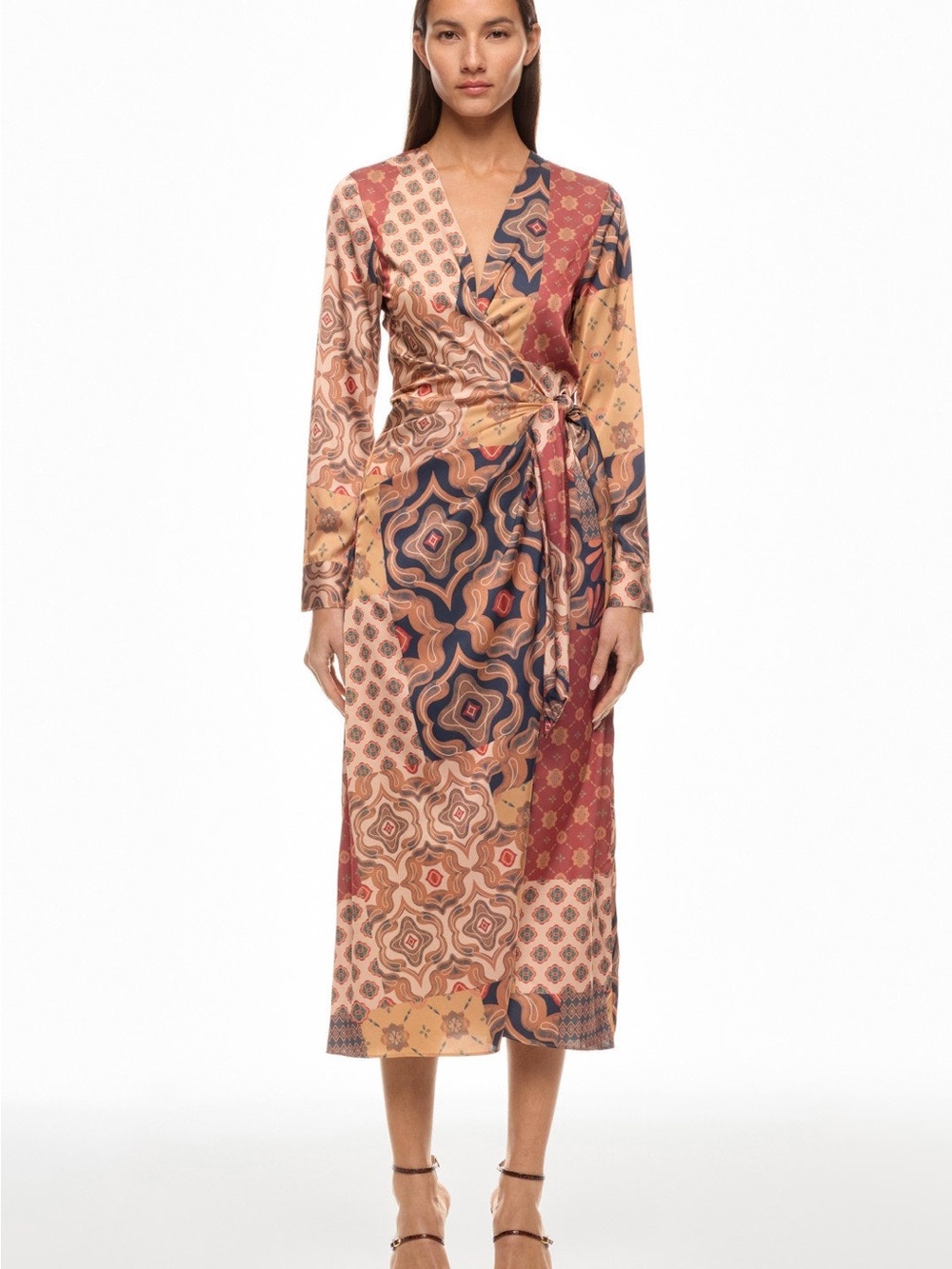 Misa Los Angeles Patchwork Wrap Midi Dress in Rust, Navy & Mustard